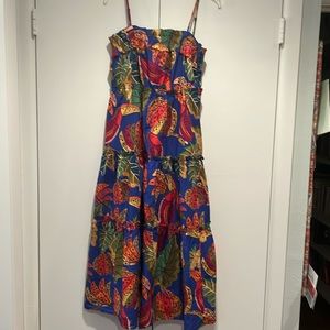 FARM Rio medium sundress blue background with tropical print.